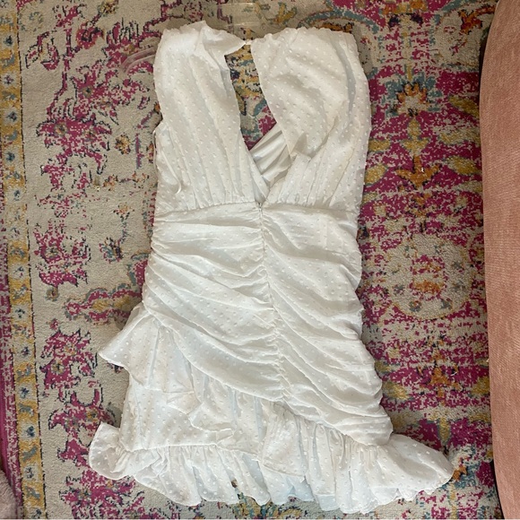Selfie Leslie CHERISH THE MOMENT RUCHED RUFFLE HAIL SPOT DRESS WHITE - Picture 3 of 5